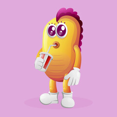 Cute yellow monster drinking soda, cola