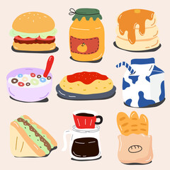 Vector illustration of a breakfast set. Hand drawn. Breakfast such as pancakes, eggs, coffee. Isolated background.