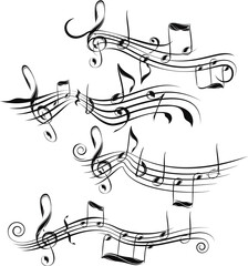 Musical notes, scores and G clef.Monochrome scores ending with spiral or leaf. Set of vector musical scores.