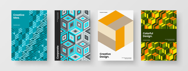 Abstract magazine cover A4 vector design concept bundle. Isolated geometric shapes postcard illustration set.