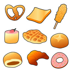 vector icon set bakery. Such as donuts, croissants, cookies. Isolated background.
