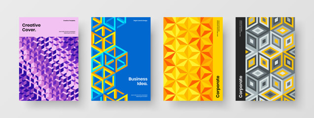 Vivid company brochure vector design layout bundle. Colorful mosaic pattern magazine cover illustration composition.