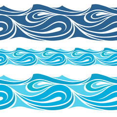 Seamless beautiful waves. Vector blue marine pattern. Stylized design.
