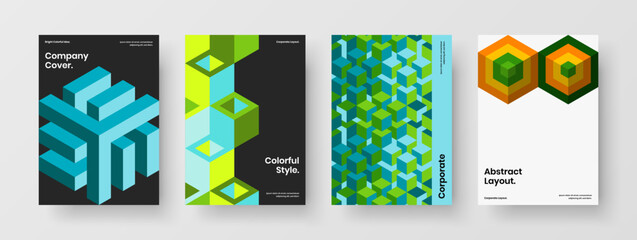 Clean brochure A4 design vector illustration set. Amazing mosaic hexagons pamphlet template composition.