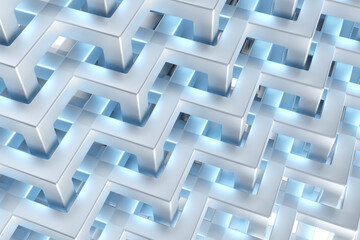 Architectural background. Endless white grid. White background for architectural company. Metaphors of infinity in architecture. Lattice with blue neon glow. Geometric texture. 3d rendering.
