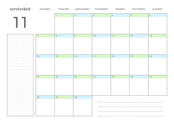 November 2022 simple design digital and printable calendar template illustration. Notes, scheduler, diary, calendar, memo, planner document template background. 