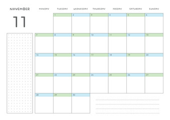November 2022 simple design digital and printable calendar template illustration. Notes, scheduler, diary, calendar, memo, planner document template background. 