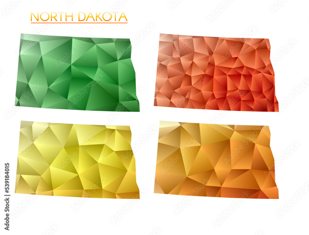 Poster set of vector polygonal maps of north dakota. bright gradient map of us state in low poly style. mul