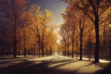 Fototapeta na wymiar Trees In An Urban Forest At Autumn Season. Autumns Vibes, Colorfull. Autumn Park. Ai generated image
