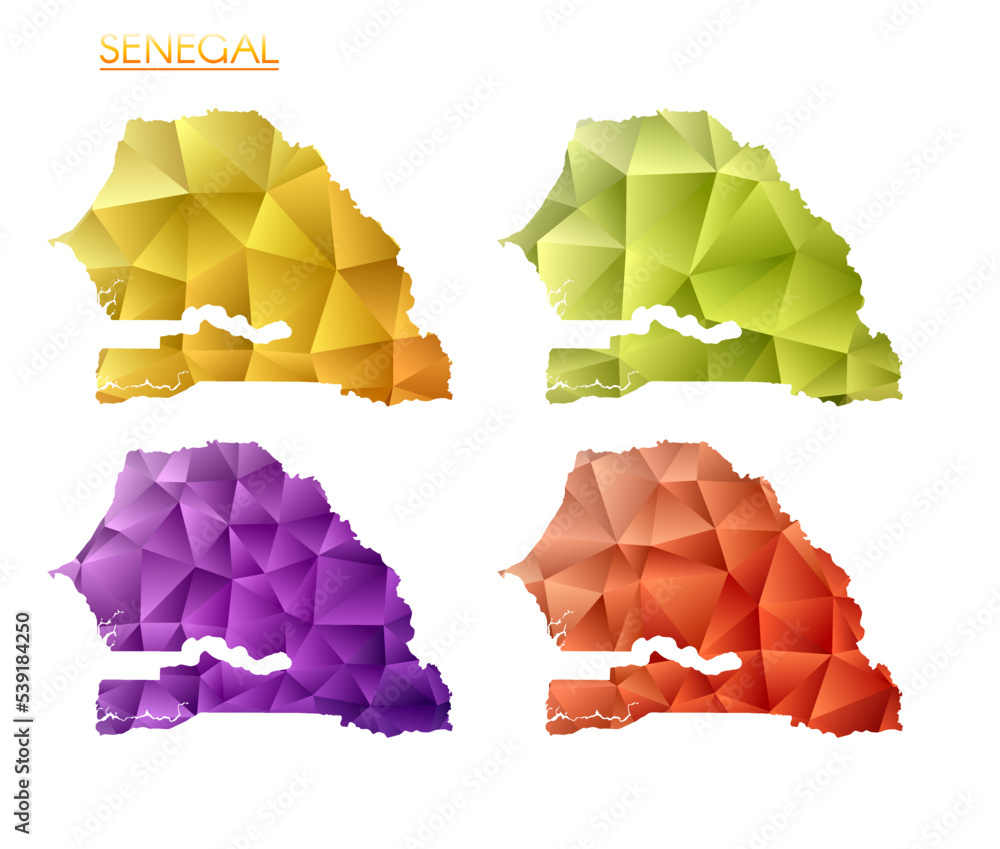 Poster set of vector polygonal maps of senegal. bright gradient map of the country in low poly style. multi