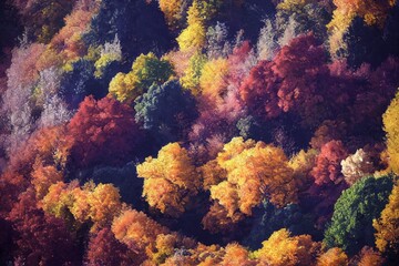 Fototapeta na wymiar Trees In An Urban Forest At Autumn Season. Autumns Vibes, Colorfull. Autumn Park. Ai generated image