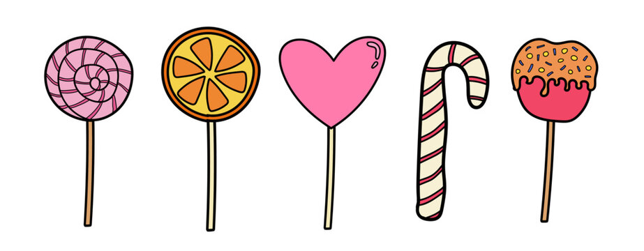 Different lolly pops doodle vector illustration isolated on white background. Caramel apple on stick, orange lollypop, Christmas sugar cane, pink spiral strawberry bon bon caramel. Halloween sweets.