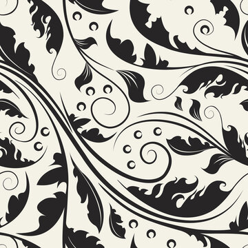Repeating black curve leaves. Seamless pattern of abstract floral. Beautiful vector swirl background.
