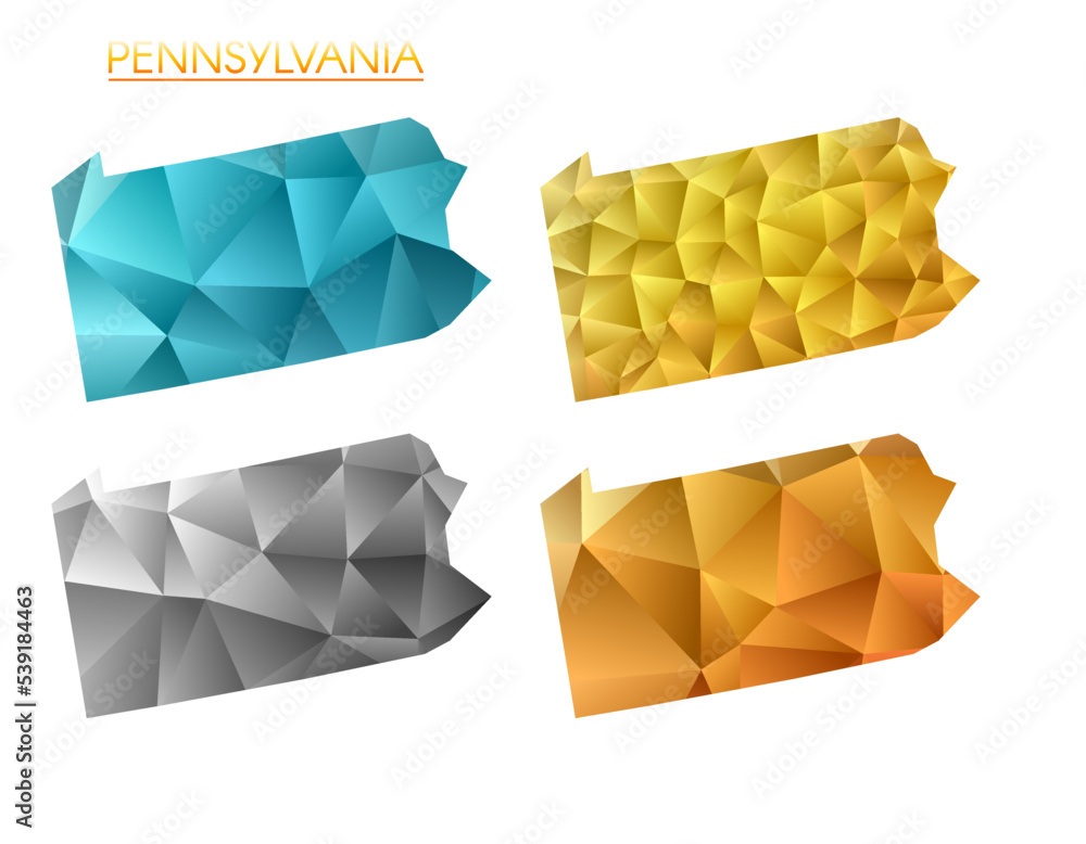 Poster set of vector polygonal maps of pennsylvania. bright gradient map of us state in low poly style. mul