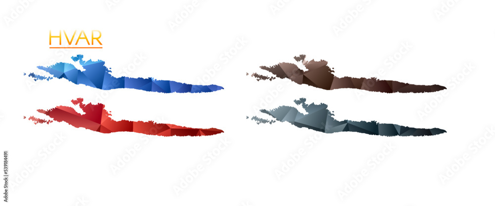 Poster set of vector polygonal maps of hvar. bright gradient map of the island in a low poly style. multico