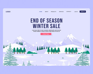 Naklejka premium End of season winter sale for website landing page and responsive mobile page. winter landscape. vector illustration.