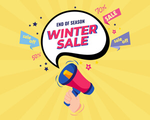 Winter Sale banner with megaphone. background. Winter sale discount text. merry Christmas and happy new year. Vector Illustration.
