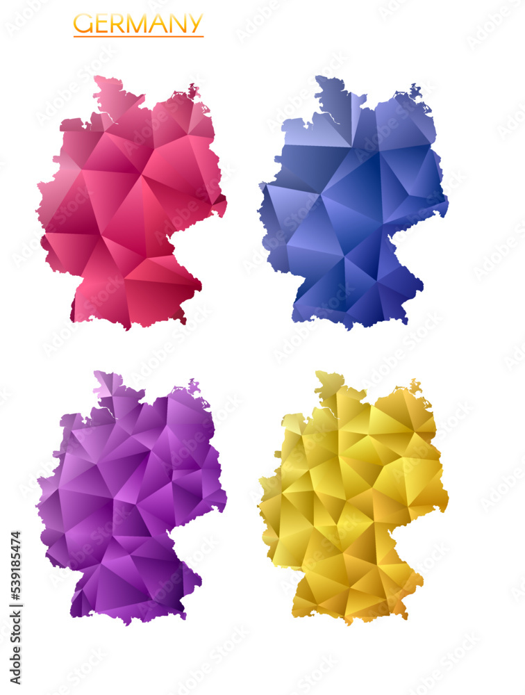 Poster set of vector polygonal maps of germany. bright gradient map of the country in low poly style. multi