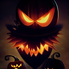 Creepy burning Jack-o-lantern pumpkin head. Halloween Glowing fire flame head - 539185400