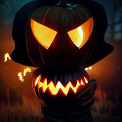 Creepy burning Jack-o-lantern pumpkin head. Halloween Glowing fire flame head - 539185435