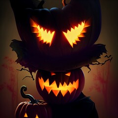 Creepy burning Jack-o-lantern pumpkin head. Halloween Glowing fire flame head - 539185471