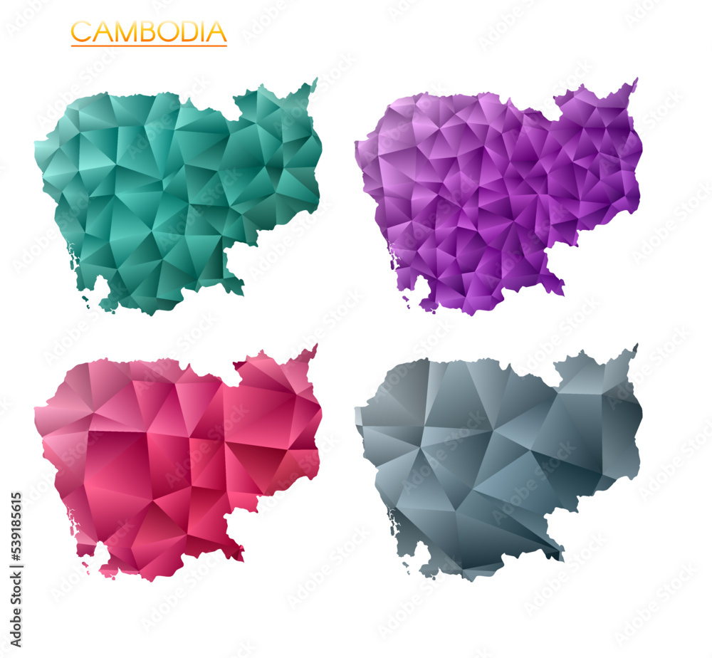 Poster set of vector polygonal maps of cambodia. bright gradient map of the country in low poly style. mult