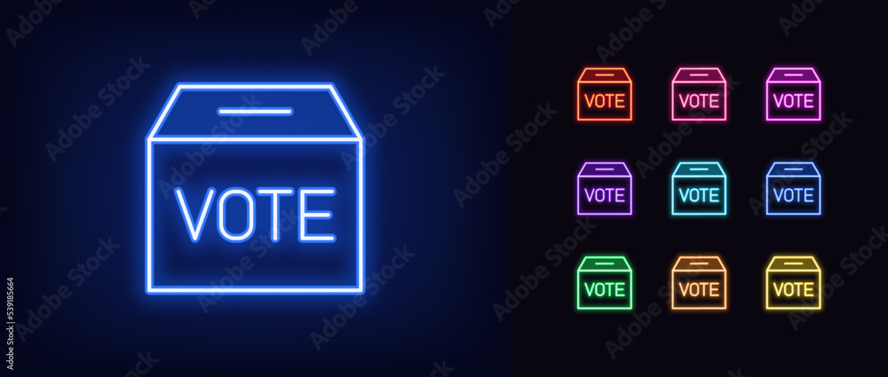 Poster outline neon vote box icon. glowing neon voting box with text vote, public polling and election day 