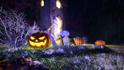 Halloween pumpkin in a haunted house scene