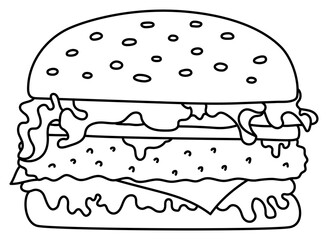 Burger sketch. Fast food. Hamburger. Doodle black and white line illustration. Unhealthy meal. Hand drawn sandwich icon for restaurant menu