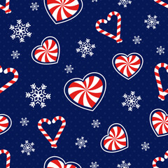 Romantic Christmas. Seamless vector illustration with snowflakes and heart-shaped candy canes. Winter backdrop - 539185693