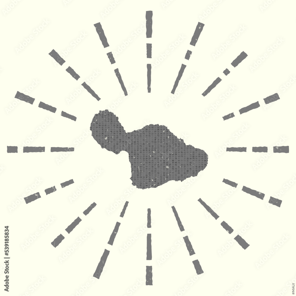 Poster maui logo. grunge sunburst poster with a map of the island. the shape of maui is filled with hex dig