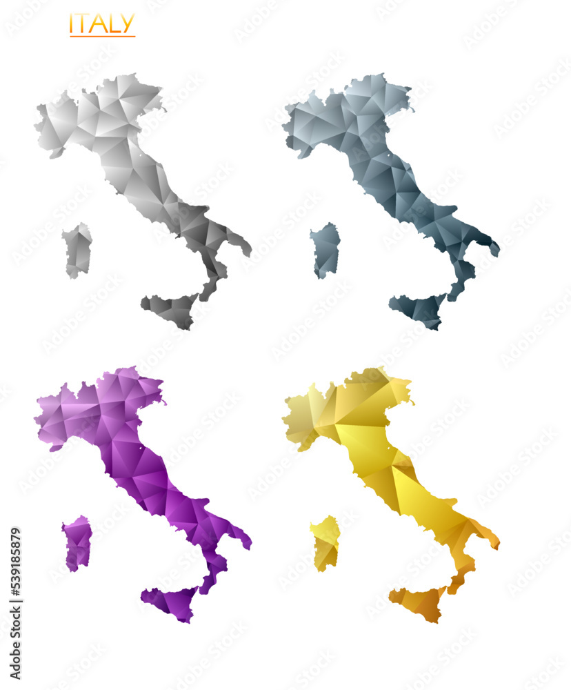 Poster set of vector polygonal maps of italy. bright gradient map of the country in low poly style. multico