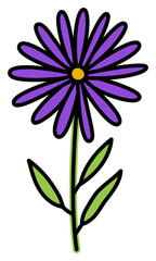 Aster. Doodle flower with stem and leaf. Hand drawn color sketch