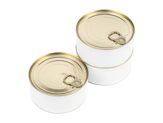 Cans of conserved food. Canned Meat. Metal cans. Close-up various metal and white tin can on white background separated shot.