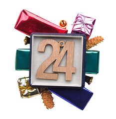 Wooden number twenty four, twenty fourth December, Advent calendar, wooden number on a transparent background