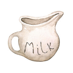 Watercolor hand painted ceramic retro milk jug with an inscription. Illustration isolated on white background. Clipart for set, pattern, stickers.