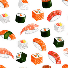 Seamless pattern with sushi and rolls. Nigiri, gunkan maki, uramaki, futomaki, hosomaki. Vector illustration of traditional Japanese cuisine isolated on white background.