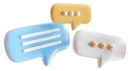 Minimalist blue, white and yellow speech bubbles talk icons floating over isolated background. Modern conversation or social media messages with transparency. 3D rendering
