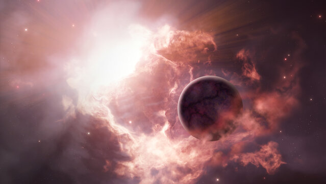 Space art : Telluric exoplanet with a dense atmosphere surrounded by eruption of electromagnetic radiation of its sun (Illustration 3D)