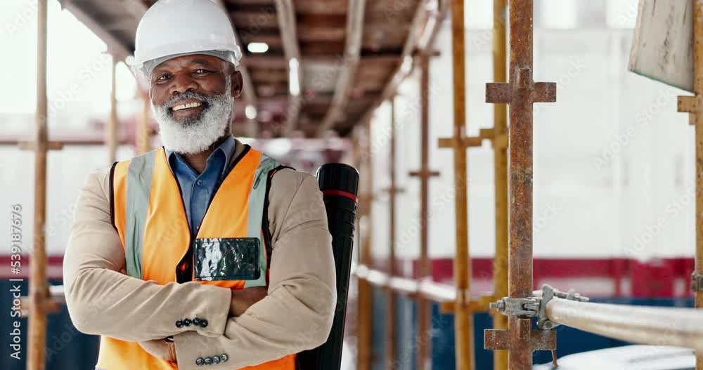 Poster Building engineer, architect and construction worker with a black man standing arms crossed with a positive mindset, motivation and vision on scaffold. Portrait of mature male contractor with a smile