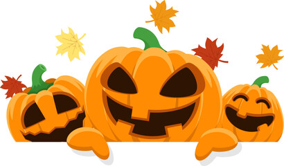 Pumpkins smile and point to the place for the text. Halloween