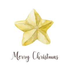 Watercolor Christmas decoration golden star. Hand painted New Year decor isolated on white background. Holiday illustration for design, print, fabric or background. - 539188203