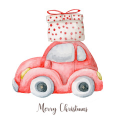 Watercolor Christmas toy car with present box. Hand painted New Year decor isolated on white background - 539188267