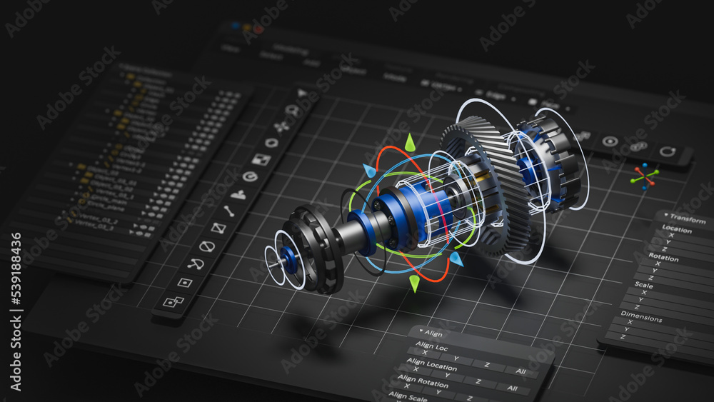 Poster Engineering designer design 3D CAD software program Industrial engine model mechanical dimensional digital manufacturing factory engineer computer screen. 3d rendering.