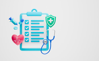 Healthcare medical doctor stethoscope heartbeat clipboard health checkup insurance report service icons.3d rendering..