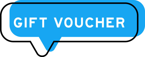 Speech banner and blue shade with word gift voucher on white background