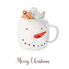 Watercolor Christmas coffee or hot chocolate mug. Hand painted New Year decor isolated on white background - 539188470