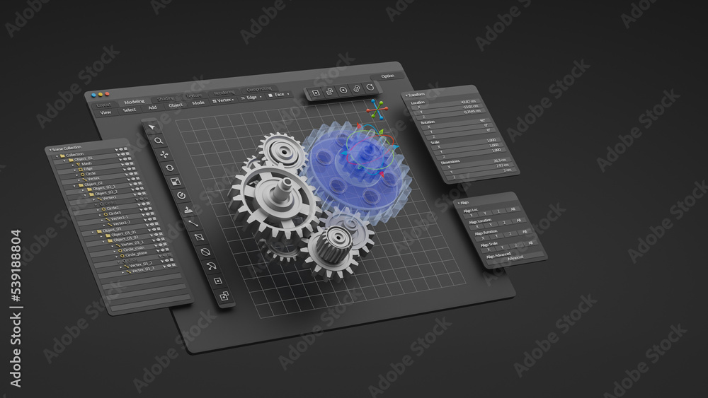 Leinwandbilder Engineering designer design 3D CAD software program Industrial engine model mechanical dimensional digital manufacturing factory engineer computer screen. 3d rendering.