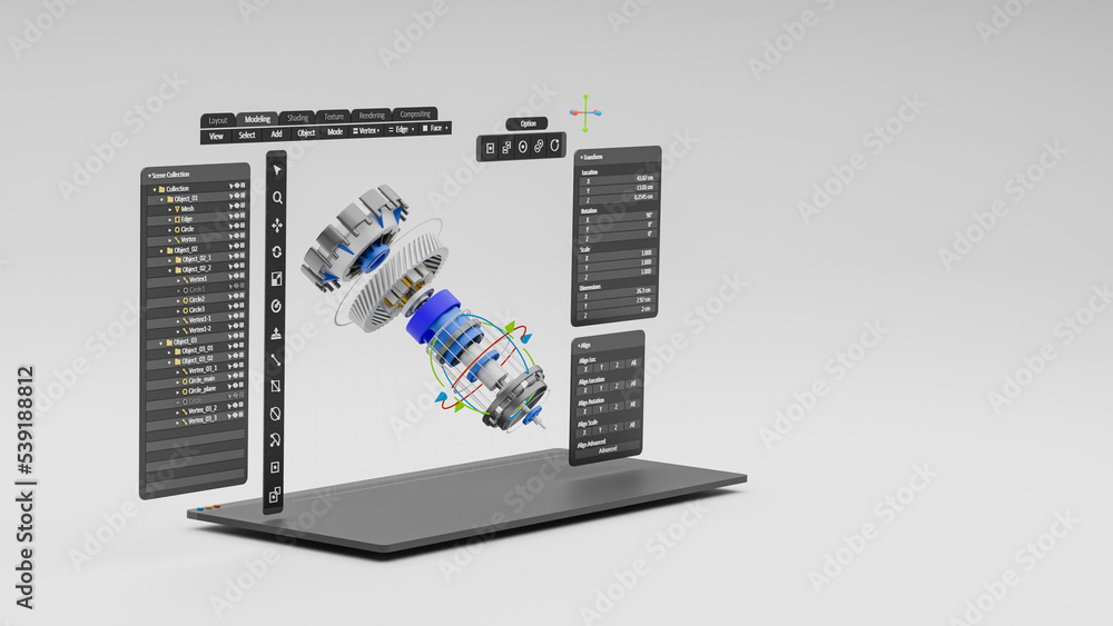 Leinwandbilder Engineering designer design 3D CAD software program Industrial engine model mechanical dimensional digital manufacturing factory engineer computer screen. 3d rendering.