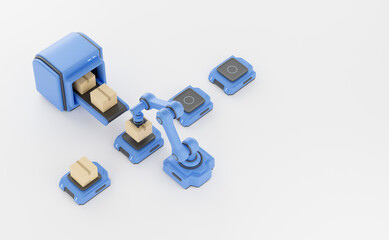 Smart industry production factory warehouse logistic and transport Future Technology. Engineer operating vehicle autonomous guided  robot AGV system robotic arm carry cardboard box. 3d rendering.